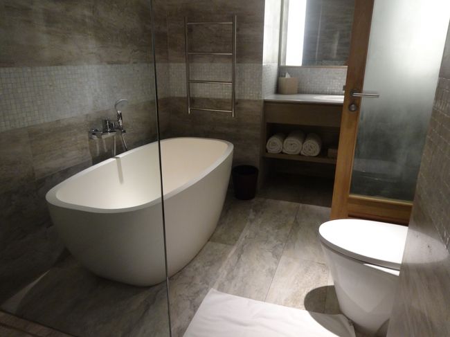 シャワースペースから見たところ。<br /><br />バスタブは大きいけど、お湯はすぐにたまりました。<br />そして、バスタブの奥のタオルかけ。<br />これが熱いの。だからタオルも乾くし、水着も乾く優れもの！！