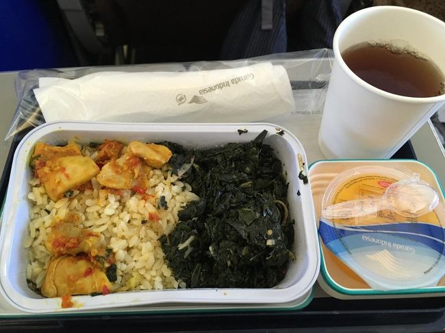 おいしそうに盛るってことをしないのかなあ？緑の葉っぱはヤシ油で無理。鶏をつまみ、家族の分もいただく(笑)ANAの機内食がいかに素晴らしいかを実感。最近ありがたみが薄れつつあるので。