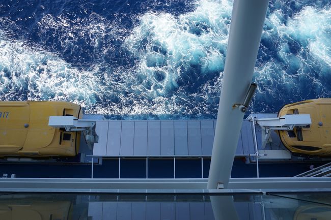 クァンタムクラスのテンダーボートは吊下げ設置ではないのでプロムナードデッキからも海は楽しめません。<br />屋根のある部分はスモーキングエリア。<br />たばこを吸う人は海も楽しめます。