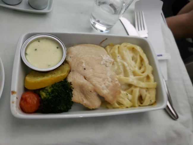 チキンを選びました。じっと座っているだけなのでおなかはすきませんよね、当然です。<br />なので、夕食はコンパクトな印象を受けました。<br /><br />チキンはおいしかったのですが、二回連続ソース？ホワイトソース系で重たい＆飽きがきました。選んだのは自分ですが。<br /><br />