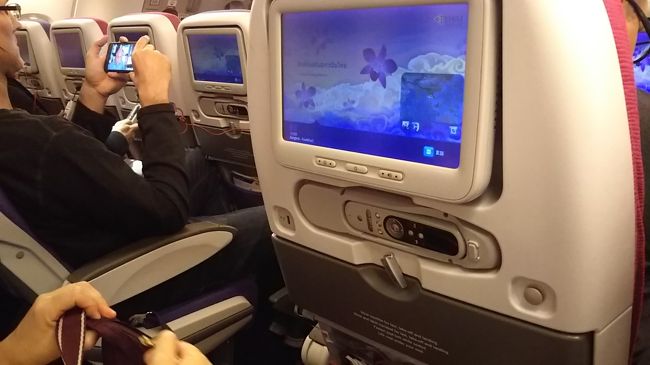 たどり着いた席はこじんまりとしたエコノミー区画。その前はカーテンによって仕切られた、ビジネス＆ファーストクラスの区画です。大画面モニターにUSBソケットもあり、大変便利。