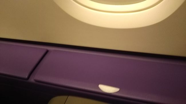 ２階席ですので機体がかなり丸まったところに位置します。窓の手前には丸みを利用した、このような収納があります。