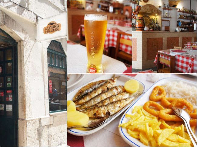 テージョ川沿いに中央に戻ってきた僕たちは、昼食をとるべくロシオ広場にほど近いレストランへと入った。<br />A LICORISTA O BACALHOEIRO<br />赤のチェック柄のテーブルクロスが印象的な、明るい雰囲気の食堂といった感じだ。早速僕はビールを、妻と子供たちはジュースを注文する。冷えたドリンクとともに小さなカゴに盛られた揚げ物が運ばれてきた。ドイツなどでは運ばれてくるのはパンで、基本は食べ放題なのだが、ポルトガルでは前菜が運ばれてきて、食べた分だけお金がとられるそうだ。知ってはいたが、食べてみたかったタラのコロッケだったのでみんなでつまんだ。しっかりと魚の身が感じられる素朴な味わい。結構食べ応えがある。<br />さて、メインはもちろん、鰯の塩焼き。そしてイカリングを注文した。豪快に５尾の鰯が一皿に盛られてくる。鰯はレモンをしっかり絞り、オリーブオイルをかけて食べる。しばらく食べなかった香ばしい塩焼きを堪能した。しかし、フォークとナイフで食べるのはなかなか難しいな。