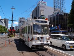 ここから向こうの電停が見えるんだなあと思って眺めていたら、やってきました、たま電車！
やった、これ見てみたかった電車！
やはりネコミミがついていて、とてもかわいいです。