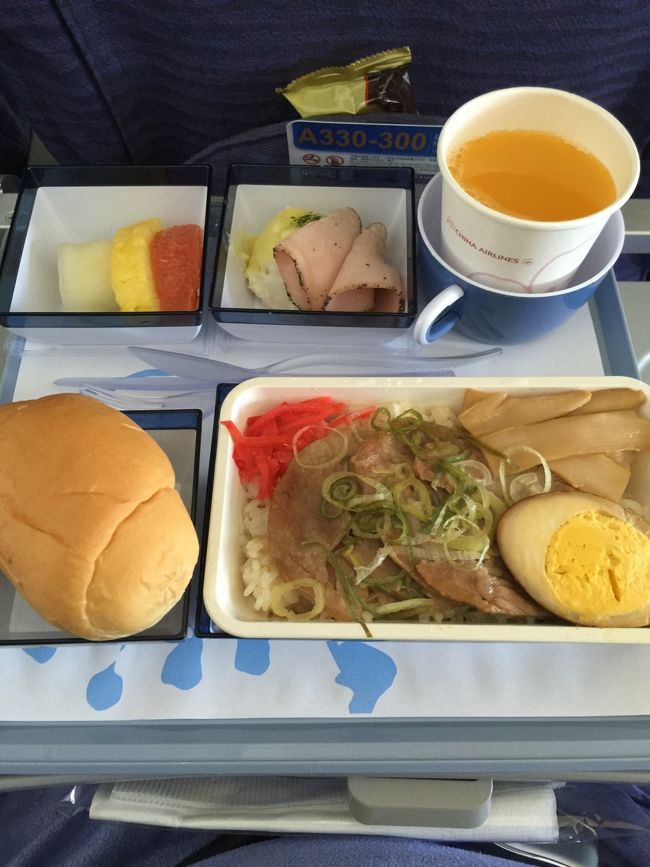 機内食～。チャーシューご飯です。味はまあまあ。LCCの狭い席に座ることを思えば、シートピッチもまあまあで、映画も観れて、機内食もでて値段がちょっと高いだけならフルキャリアがやっぱりいいと思ってしまう私。
