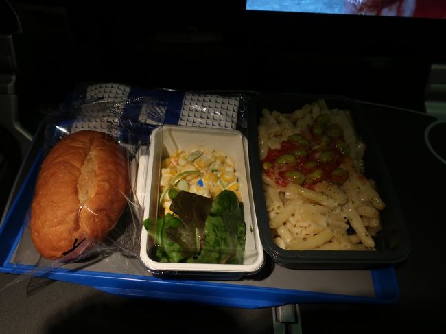 この後、家族連れがバラバラになっていたので席を替わってあげたりしながら夕食タイム。割としっかりした夕飯が出た。味はまあ、、普通かな。