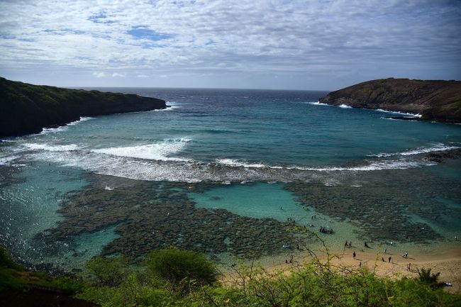 ハナウマ湾の全貌です。<br />中央には、白砂のキーホールと呼ばれるエリアが、きれいに見えました。<br />実は、ここにはあまり魚はいません。<br />周囲の岩場では、結構魚影が豊富でした。