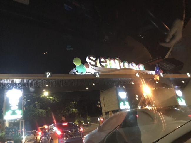 総勢７人なので、2台に分かれて乗りましたが、悔しいかな、いきなり私の乗ったタクシーの方が1000円くらい高かった( *｀ω´)<br />でも、ミネラルウォーターを1人づつくれた…という事で、あまり気にしないようにしよう。楽しんで行きます！<br /><br /><br />セントーサ島に入る時に、入島料を払いますが ホテル宿泊者は払わなくてもいいので、必ず 宿泊先の予約のコピーを持参してくださいね。運転手さんに渡せば、やり取りしてくれます。