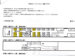 スーパービュー踊り子号
黄色が予約し、利用した席
スーパービュー踊り子1号新宿発8:30伊豆急下田着11:13
	指定又はグリーン乗車券		
帰り	大人2950   3890	7人 47880
	子供2950   1950	4人 19600
行き	大人4960   3890	7人 61950
	大人4960   1950	4 人27640
                         157070