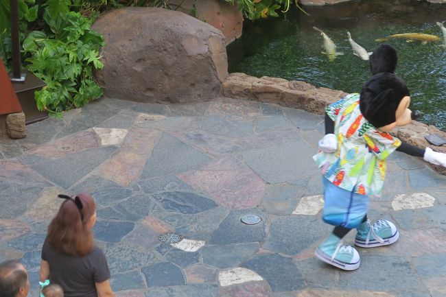 ミッキーのアロハシャツがとってもかわいい！<br /><br />キャラクターダイニングの受付を済ませると、<br />まずはこのミッキーとグリーティングのため、<br />ミッキーのグリーティングの列に並び（１０分弱）<br />その後、席まで案内してくださいました。