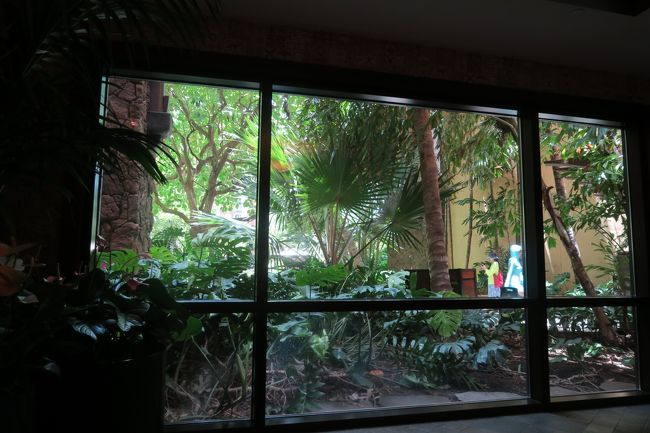 ホテル側の建物に入ると、<br />ところどころに座って休憩するベンチが置いてありました。<br /><br />ベンチに座ってみて、外を見た景色。