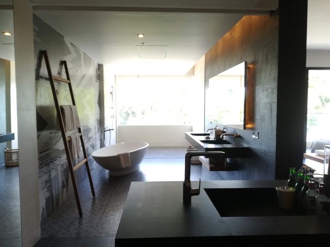 さて、ベッドルームのお隣、一つの空間を真ん中の壁だけで仕切ってます。<br />こちらはバスルーム