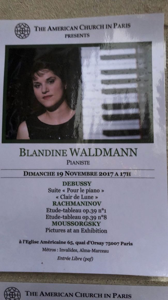 もう一件行きたかったところは、パリのアメリカンチャーチ。<br /><br />ここで結婚式を挙げたんです。<br />教会の主催でピアノのコンサートがひらかれていました。<br /><br />チケットを持っていなかったので初めは入場を断られましたが、事情を話すと快く入れてもらえました。