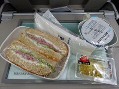 機内食。予想通りのサンドウィッチとパイナップル。機内食はアシアナ航空のトシラク（弁当）風の方がいいなぁ。