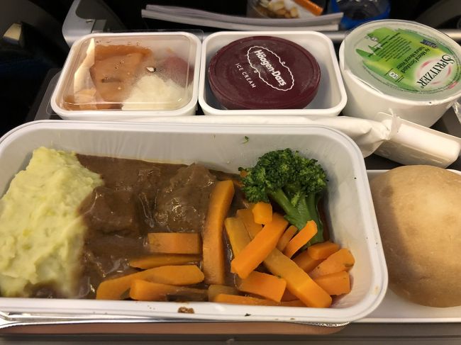 機内食はビーフを選んでなかなか美味しかった！<br />ハーゲンダッツもバナナフレーバーで濃厚で美味しいし、機内食は結構すきかも。