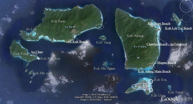 ☆リペ島周辺Map<br /><br />※Google Earthに加筆。<br /><br />混載ツアーで行くアイランドホッピングやシュノーケリングツアーの殆どは<br />Koh Tong, Koh Rawi , Koh Adangに囲まれた海域の小島やビーチです。<br />Koh Adangの北東海岸やKoh Lekへはロングテールボートを貸し切って行くことになります。<br /><br />混載ボートツアーは<br />遠くのラウィ、ロックロイ方面が７００Ｂ、近場のアダン、ヒンガム方面が６００Ｂ(ランチＢＯＸ、スノーケルセット、水込み)ただし、集合場所はパタヤビーチやサンライズビーチのサンライズレストラン前辺りです(店によって違います)。<br />