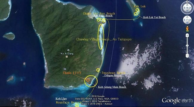 ☆アダン島Map<br /><br />※Google Earthに加筆。<br /><br />貸し切りボートの場合<br />ロングテールボート１隻の長距離１Ｄａｙ(８時間、４人まで)が１８００Ｂ（≒６８４０円）、８人までが２０００Ｂ（≒７６００円）。<br />近場は１Ｄａｙ(８時間、４人まで)が１５００Ｂ（≒５７００円）です。<br />昨年まではMountain Resortで取次をしてくれていましたが<br />今年は何故か止めてしまいました。<br />サービスが向上するならともかく低下するとは最悪です(－－〆)。<br />取次をしないなら仕方ないのでSunrise Beachの学校前の<br />Taxi Boat Houseで事前に予約するか、当日直接申し込みます。<br />当日の申し込みは天気の状態を確認して申し込めますが<br />繁忙期の週末などは満杯で断られる場合も。<br /><br />レンタルボート代にはランチも水もスノーケルセットも付いていませんが、自由度が高く８時間以内なら好きな場所に何ヶ所でも行けます。<br />昼食や水は持参します。<br />３人で混載ツアーに参加するなら貸し切りボートの方がお勧め。<br />スノーケルセットはマウンテンリゾートのビーチ売店でレンタルしています。<br />(フィン、マスク、ライフジャケット各５０B,デポジット各１００B)７～１８時。<br />宿泊者以外のデポジットは別料金。