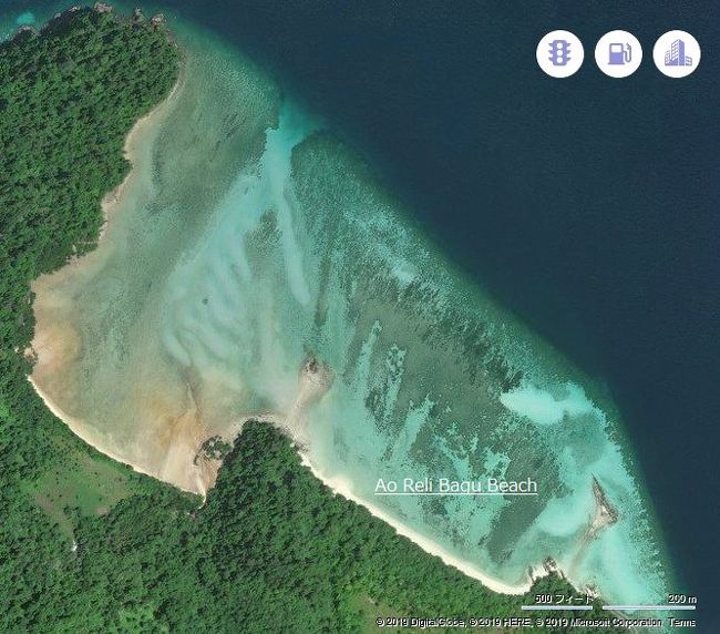☆アダン島北東海岸、Ao Reli Bagu Beach Map<br /><br />※EARTH VIEW JPに加筆<br /><br />上空から俯瞰してもAo Reli Bagu Beach の西隣り(左手)のビーチや海が<br />茶色なのが分かります。<br />おそらくジャングルから土砂を含んだ小川が流れ込んでいるからかなと思います。