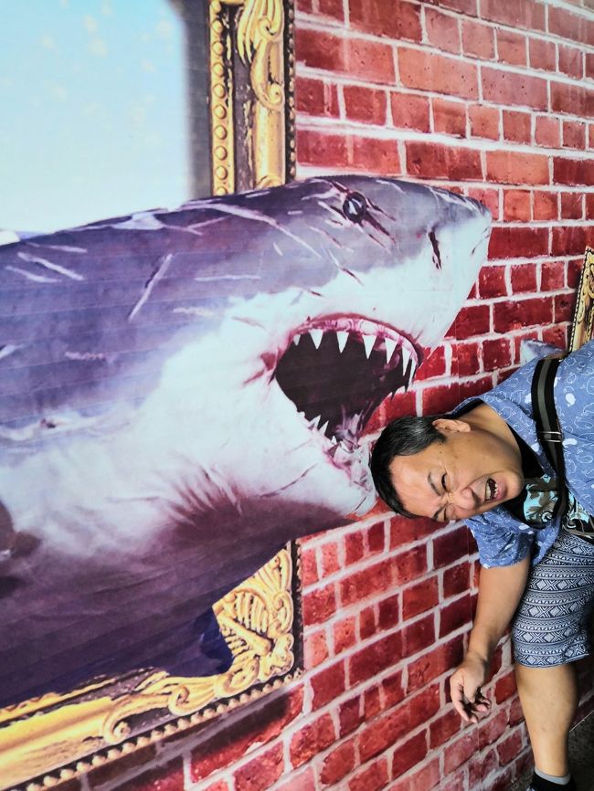 トリックアートで遊びます。<br />サメに食われたり