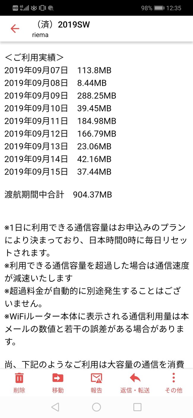 ちなみに一番使った9月9日はギリアイル滞在で<br />１日中ビーチにいて３人で繋いで288MB。<br /><br />外国へ行ってアプリをダウンロードして作業することは<br />「まずない」と思いますので、<br />我が家は、この容量、速さで十分です。