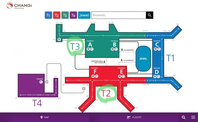 いろんな方のブログや動画を見て…<br /><br />チャンギ空港のフロアマップ確認すると…<br />(チャンギ空港ＨＰより拝借)<br /><br />シンガポール航空(SQ)の場合は<br /><br />原則、日本便はT3、バリ島便はT2になる…<br /><br />ターミナル間はスカイトレインで<br /><br />簡単に移動出来るようなので…<br /><br />少し時間がある行きはJewelを通るルート<br /><br />帰りは短縮ルートを予定していましたが…<br /><br />なんと帰りは…けっこう大変でした(^.^)