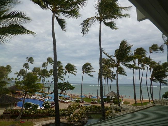 機内では3時間ほどしか眠れなかったので眠く、心地よさに入浴後しばしうとうと・・。<br /><br />暫くしてから、レストラン予約がてらホテル探索。<br /><br />プールが見えるベランダで一息。<br />柔らかい風が気持ちいい。夫はカナリア諸島の偏西風みたいだと言いますが、ハワイの風は北東の風らしい。<br /><br />