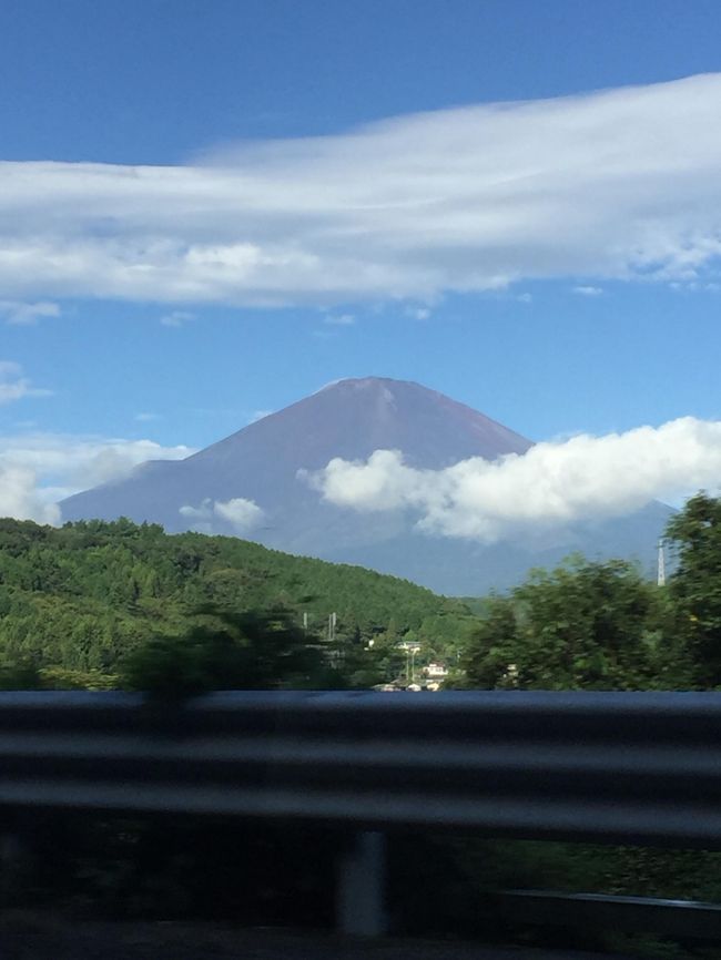 高速にのると右手に富士山がみえてきた<br />山頂の赤い山肌がよく見える