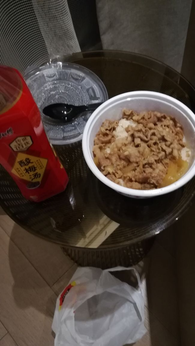 すき屋でテイクアウトし、ホテルで食べていると、スマホに台風により私の帰りの便が欠航になると連絡がありました！その後、試行錯誤し、本来なら翌日の夕方１７：２０の中国東方航空で帰路（羽田）につくはずが、朝９時には浦東空港に到着し、吉祥航空のお昼の便を手配してもらい、上海から名古屋に飛び、新幹線で東京に帰ってきました！恐るべし台風。やはり自然には勝てませんね。欠航になった分の代金は返金されますが、吉祥航空の分と新幹線は莫大な出費となり、もう１回上海に行けるんじゃないの？という金額になってしまいました！！また節約して、リベンジ上海です！！