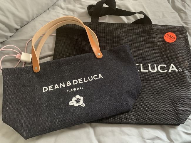 はい、ミッション達成。<br />右側は自分用。<br />メッシュになっていて、濡れても拭けば大丈夫なバックです。初日にレアレアラウンジに行った際、日本人の男性が持っていたのを見て、日本で温泉とか行くのに良さそうだなぁと。