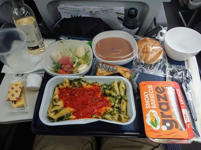 機内食1回目。パスタと乾燥したコーンなどの詰め合わせ。デザートのチョコムースは甘すぎて美味しくなかった。<br /><br />その後は映画を2本見てから就寝。