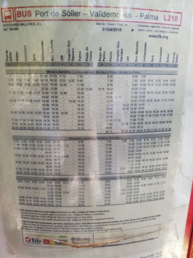 パルマ駅からヴァルデモサへのバス時刻表（2019年4月1日現在で、2019年9月旅行時はこれでした）