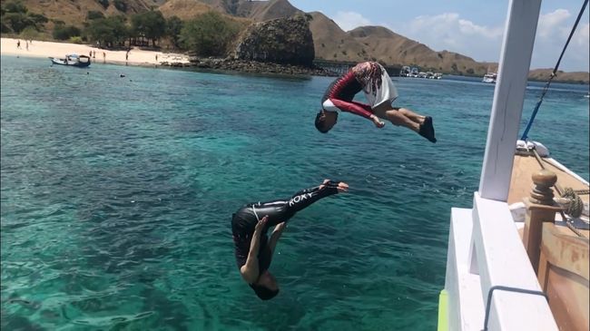 船からダイブ<br /><br />アラフィフおっさん＆おばはん　はしゃぎまくりでした！<br /><br />なんか　私　アシカショーの　小太りアシカ君やわ?<br /><br />めっちゃ　楽しいです！