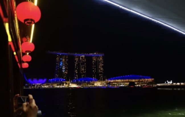 マリーナベイサンズが見えてきました。昼間の雰囲気と違い、夜のライトアップもまた綺麗です。