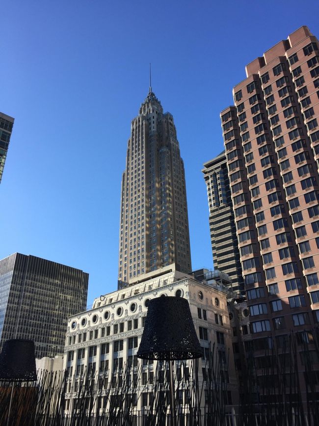 ニューヨークで、英・仏・独語と語学の達者な血縁関係者と合流しました。<br />ニューヨークではおかげでいろいろなことがスムーズでした。<br />ですからここからのやり取りや説明は、私の想像や勝手な解釈は入ってません。記憶違いは多分にありそうですが…<br /><br />キッチンや洗濯機が完備されたアパートメントホテルに宿泊。<br />そのガーデンテラスからの眺めです。<br />空が青い！<br />ビルが高い!