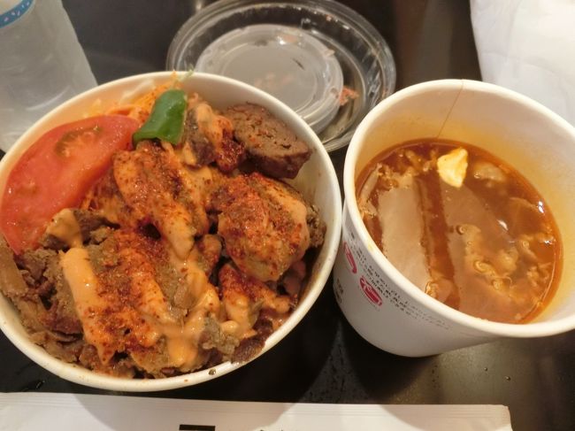 レストランには入らず、お弁当を買ってフリーエリアで頂くことにしました。<br />私はミックスケバブのお弁当とボルシチを。<br />黒パパはチキン弁当とボルシチを頂いたのですが、ママ茶がケバブを買いに並んでる間に食べ終わってました・・・。（写真撮れず・・・。）<br /><br />ボルシチはだし場さんというお店だったのですが、出汁がすごい効いててめちゃくちゃ美味しい！<br />ここのお店はこれからリピしそうです。お勧めです！