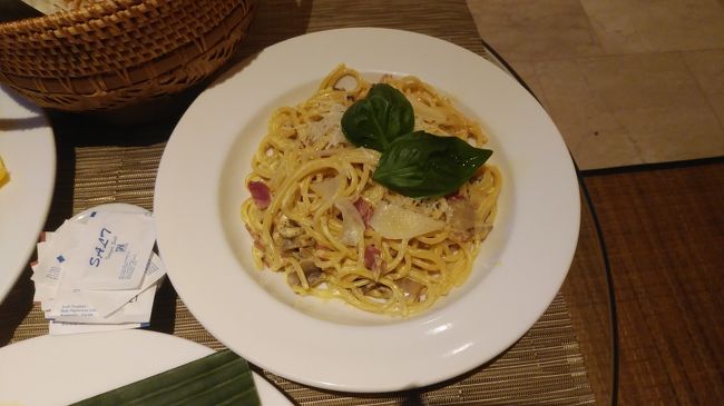 カルボナーラ。<br />薬を飲む為少しずつ食べて、大半は黒パパが完食しました。<br /><br />寝る頃には薬も効いたのかとても楽になりました。助かりました。<br /><br />バリ島旅行でよく聞くバリ腹ですが、病気はバリ腹だけではないので皆様是非ご注意を。<br />特に辛いものには要注意だと思います。<br />Dangerousな付け合わせのせいだったのか、匂いにやられたのか、エアコンの寒さにやられたのか、全く見当はつきませんが、食べて｢ん？｣と思うものは無理しないに限りますね。<br /><br />そして海外旅行保険、やっぱり安心出来ます。<br />今回は200万ルピアで済んだので加入していなくても払える金額ではありますが、済まない場合も多々あると思うので海外旅行保険、入っておいて無駄じゃないと断言させて頂きます！<br /><br />それから黒パパをちょっと公開処刑のような書き方をしましたが本当にパニックになってしまう性格なので、逆に旅慣れない海外でよくぞ頑張ってくれたという思いでいっぱいです。<br />明日からもまだ旅行を続けれそう。<br />ありがとう黒パパ、おやすみなさいzzz<br /><br />まだまだ続く波乱の3日目は次号で。<br />