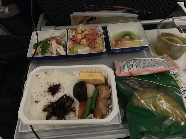 離陸したら直ぐに暗くなりました。<br />私の列は他のお客さんがいなかったので横になっておやすみなさい。<br />2時間くらい経ったのかな、夜中の3時半過ぎに機内食。<br /><br />「夜中になんか食べられな～い」と宣言していたのに、準備が始まった途端に目が覚めしっかり食べる準備してました。<br /><br /><br />