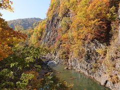 こちらが上流側。岩肌と明るく輝く紅葉、そこを流れる豊平川。この美しい景色を見なさん撮影されていたようです。
(12:26)