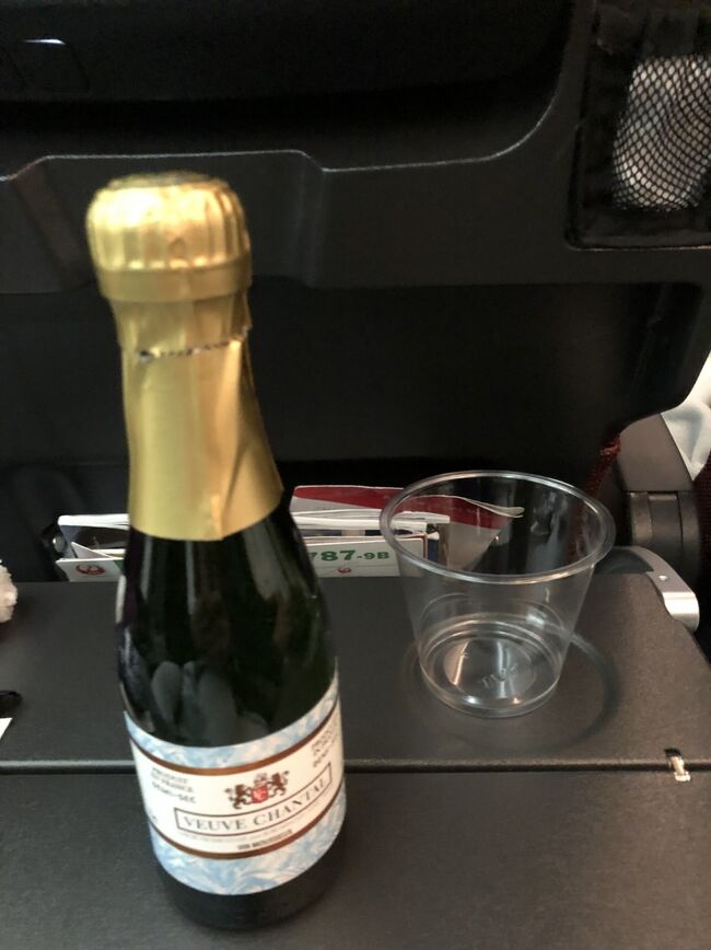 そんなわけで早速の贅沢！エコノミーでもこのクオリティは嬉しいスパークリングワイン！テンションも上がります。