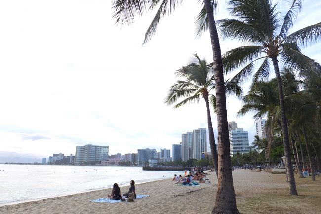 カイマナビーチで遊んで、テディーズ・ビガー・バーガーズで夕食。テイクアウトして夕日みながらビーチで食べた。もう最高♪<br />クヒオビーチからワイキキ方面をパチリ