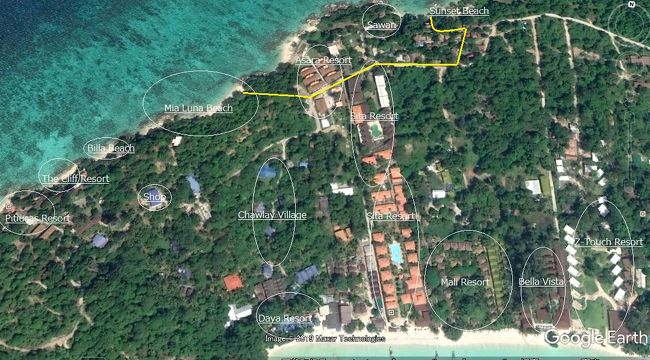 ☆Koh Lipe Map （※Google Earthに加筆）<br /><br />Sunset Beachの次はさらに西に位置するMia Luna Beachに向かいます。<br />Mia Luna Beachはリペ島で最も分かりにくい無人ビーチなので<br />このMapに黄色いラインを書き込んだので行かれる方は参考にして下さい。