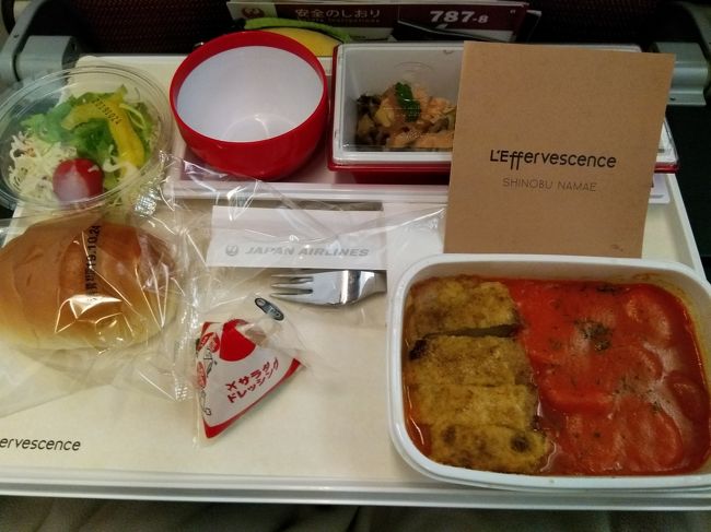 飛び立って1時間後の機。メインはチキンのトマトソース煮？<br />食べないで寝た方がよいと思いつつも、いつも食べちゃうんですよね。<br />飛行時間6時間30分、MAXでも4時間ぐらいしか寝れないので、早々に寝まーす。