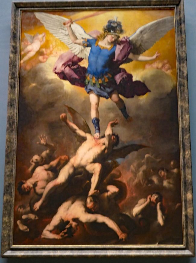 ルカ・ジョルダーノ（Luca Giordano）による「聖ミカエルと叛逆天使たち、St. Michael Vanquishing the Devilsaround, 1664」です。聖ミカエルが神に逆らう天使達を地獄に蹴落としている姿を描いたものです。教会に掲げられていた絵で18世紀に王室美術館に持ってこられた、と説明してありました。