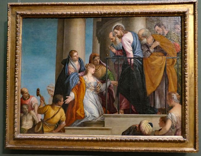 「ナインの若者の回生, The raising of the youth of Nain, 1565」は、パウロ・ベロネーゼ（Paolo Veronese,1528-1588)の作品で、ナインの町に現れたキリストが死んだ若者を行き返られた奇跡を描いたものです。中央に描かれているのはキリストに感謝する若者の母親です。