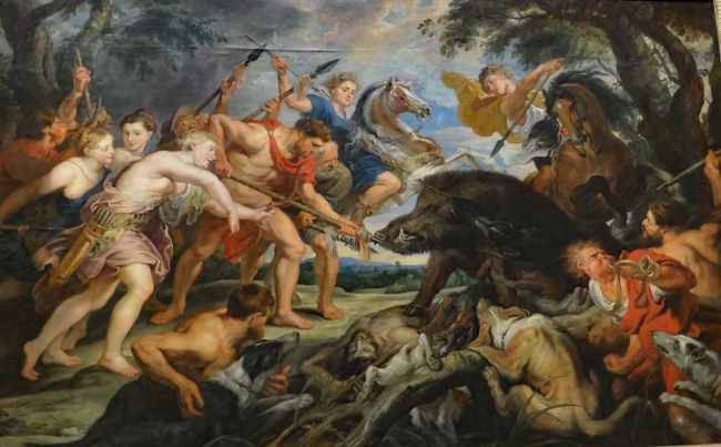「カレドニアの猪狩り、The Calydonian Boar Hunt, 1617」はギリシャ神話が題材の絵です。ルーベンス（Peter Paul Rubens）の絵が有名ですが、この絵は3人の画家の合作と説明されていました。ヤン・ウイルデンス(Jan Wildens, 1586-1653)が景色を、フランス・スナイデルス（Frans Snyders, 1579-1657)が動物を、ヴァン・ダイク(Van Dyck, 1599-1641)が人物などを描いたそうです。中世の合作絵画は珍しいと思います。