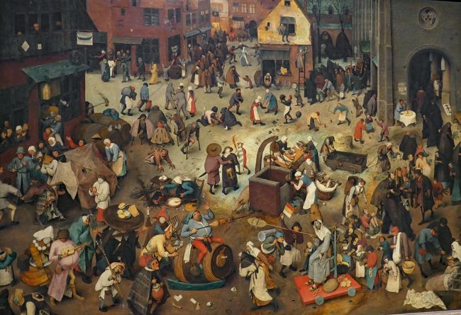 ピーター・ブリューゲル(Pieter Brueghel, 1564-1638)の「謝肉祭と四旬節の喧嘩、The Fight between Carnival and Lent, 1559」です。左側が謝肉祭で右側が四旬節で、2種類の行事の争いは15-16世紀に実際にあったそうです。当時のフランドルの世相を教えてくれるブリューゲルの面白い絵だと思います。