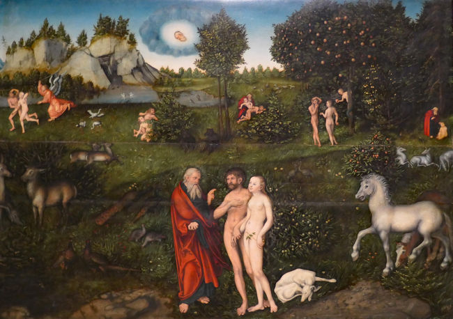 1530年に描かれた「パラダイス, Paradise」にはアダムとイブの神による創造から追放までが書かれていました。神や天使は衣服を着ていますがアダムとイブは裸です。知恵の果実であるリンゴをアダムとイブに与えているヘビの上半身は女性です。宗教画ですが、ストーリー性のある興味深い絵だと思います。
