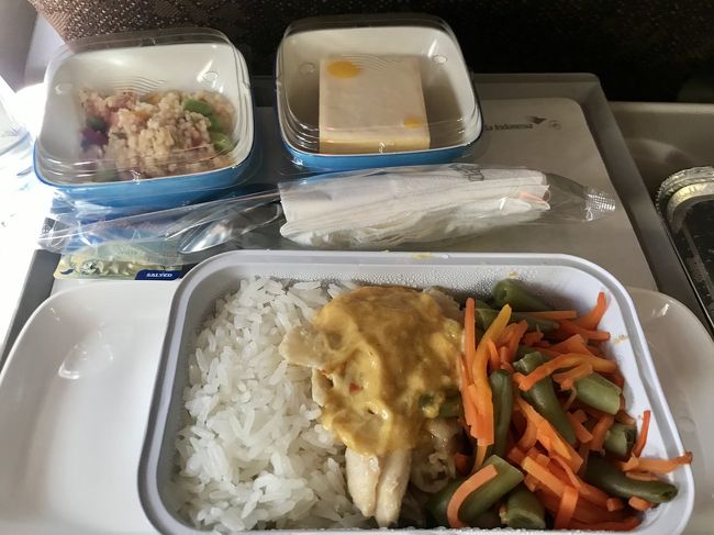 1時間程で機内食が出ました。Japanese or Indonesiaでしたので、Indonesiaをチョイス。メインはタイ米にチキンカレー、インゲンとニンジンの炒め物？