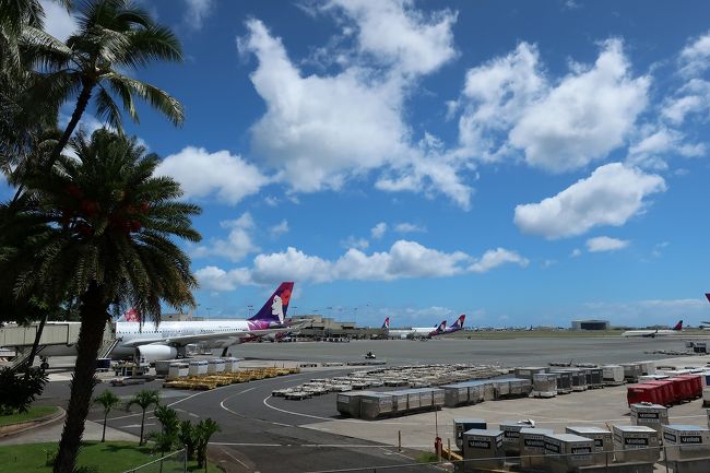 チャーリーズタクシーで空港へ。フライト出発の3時間半前のピックアップです。<br />出国も済ませた制限エリア。このオープンエア感はホノルル空港の特徴ですよね。