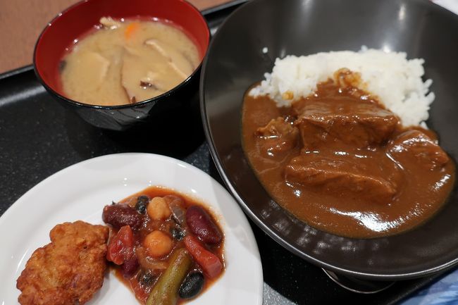 カレー、豚汁、唐揚げ、豆の煮込みです。